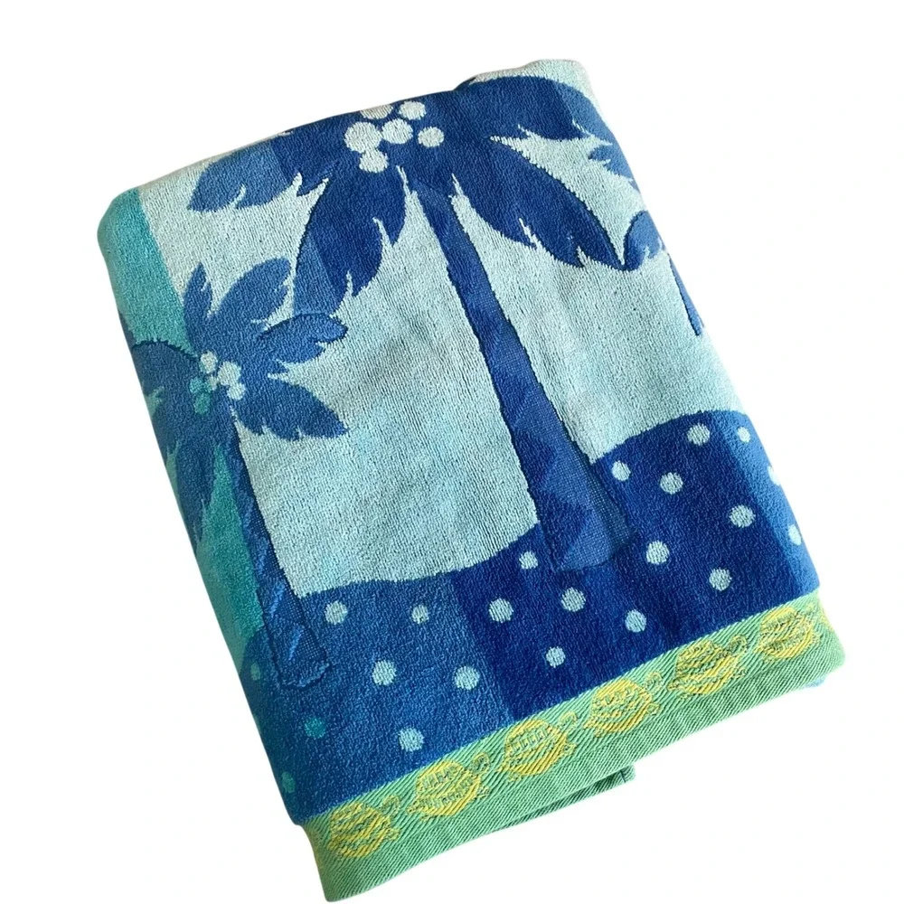 Vintage Welspun Beach Towel 100% Cotton Blue Lime Green 70s Made‎ In India
